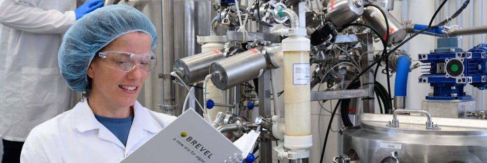 Brevel scientist inspecting fermentation bioreactor and read a manual.