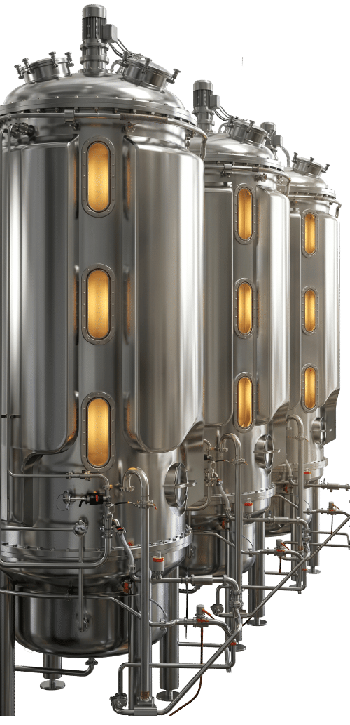Large-scale illuminated stainless steel fermentation tanks for custom precision fermentation manufacturing